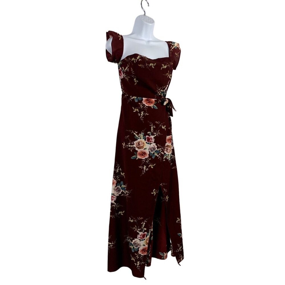 Womens Floral Print Maxi Dress With Ruffle Sleeves & Waist Tie Burgundy Small - Picture 3 of 10